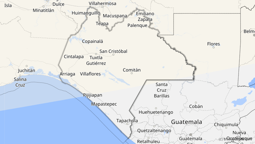 A map of Chiapas, Mexiko, showing the path of the 23. Okt 2014 Partielle Sonnenfinsternis