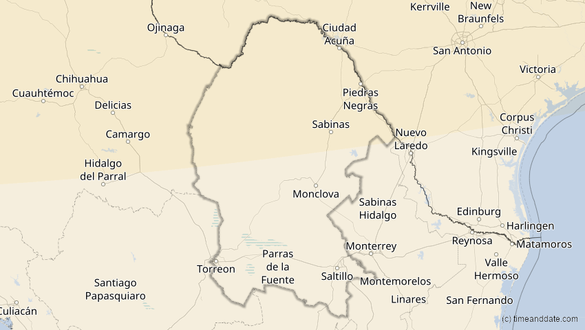A map of Coahuila, Mexiko, showing the path of the 23. Okt 2014 Partielle Sonnenfinsternis