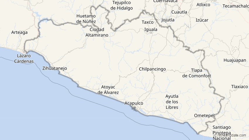 A map of Guerrero, Mexiko, showing the path of the 23. Okt 2014 Partielle Sonnenfinsternis