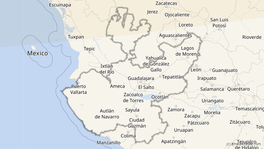 A map of Jalisco, Mexiko, showing the path of the 23. Okt 2014 Partielle Sonnenfinsternis