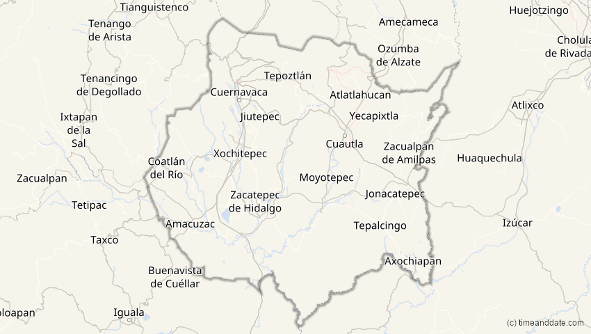 A map of Morelos, Mexiko, showing the path of the 23. Okt 2014 Partielle Sonnenfinsternis