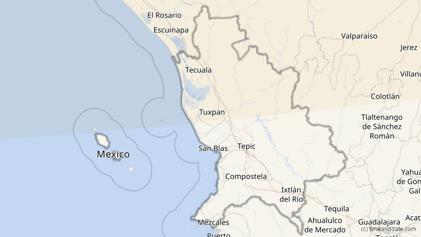 A map of Nayarit, Mexiko, showing the path of the 23. Okt 2014 Partielle Sonnenfinsternis
