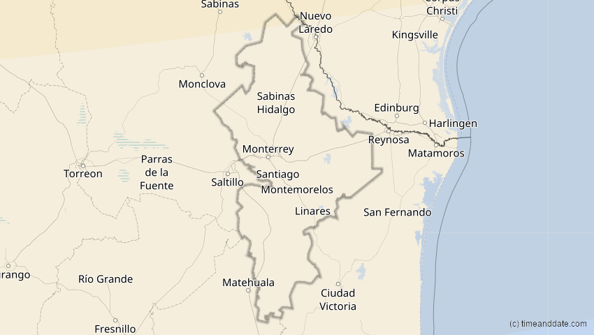 A map of Nuevo León, Mexiko, showing the path of the 23. Okt 2014 Partielle Sonnenfinsternis