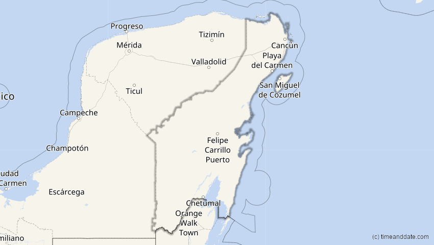 A map of Quintana Roo, Mexiko, showing the path of the 23. Okt 2014 Partielle Sonnenfinsternis
