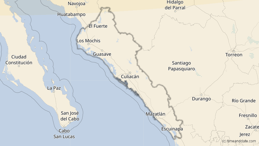 A map of Sinaloa, Mexiko, showing the path of the 23. Okt 2014 Partielle Sonnenfinsternis