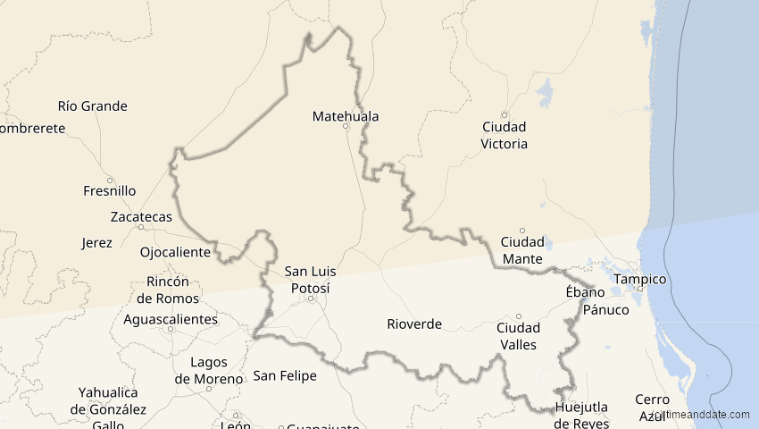 A map of San Luis Potosí, Mexiko, showing the path of the 23. Okt 2014 Partielle Sonnenfinsternis