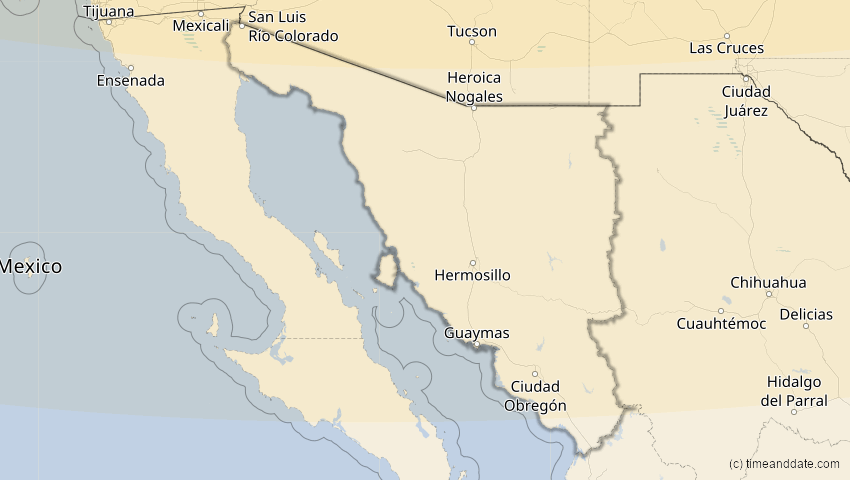 A map of Sonora, Mexiko, showing the path of the 23. Okt 2014 Partielle Sonnenfinsternis