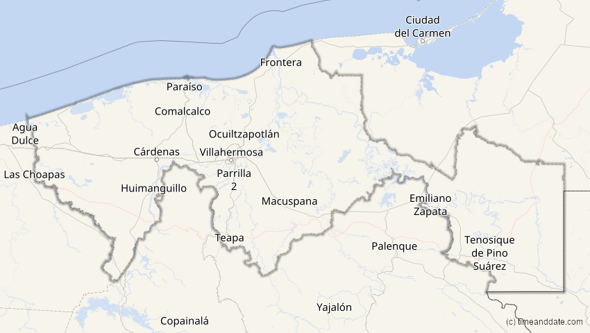 A map of Tabasco, Mexiko, showing the path of the 23. Okt 2014 Partielle Sonnenfinsternis