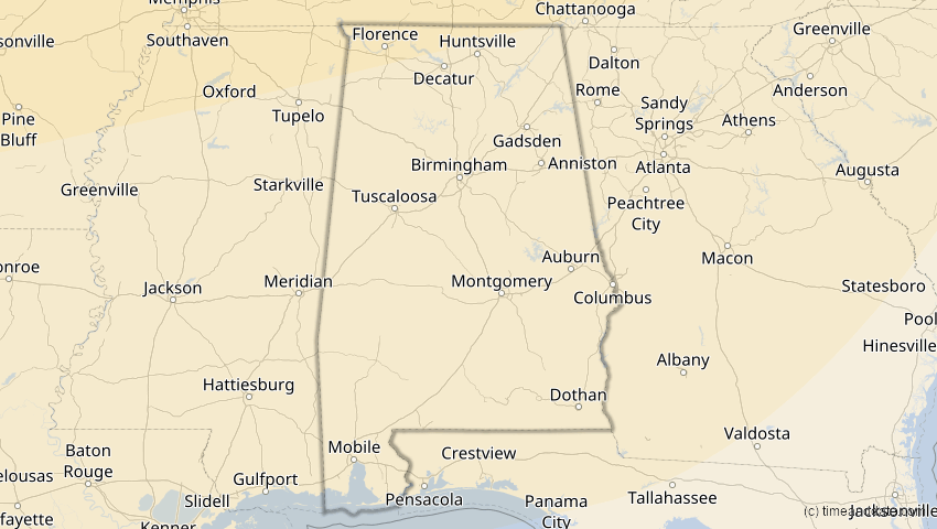 A map of Alabama, USA, showing the path of the 23. Okt 2014 Partielle Sonnenfinsternis