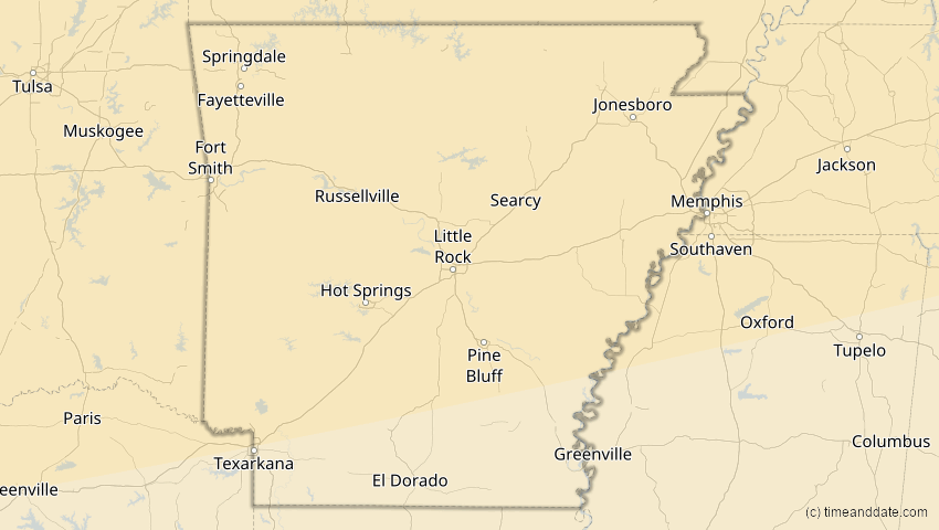 A map of Arkansas, USA, showing the path of the 23. Okt 2014 Partielle Sonnenfinsternis