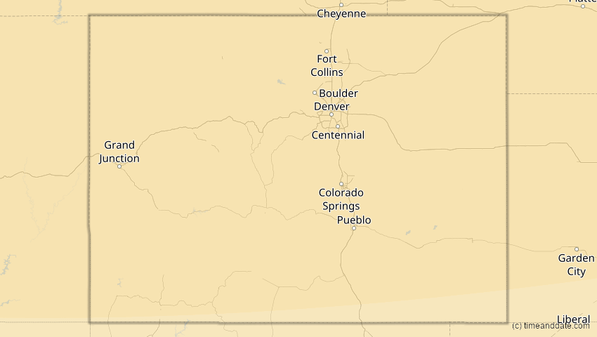 A map of Colorado, USA, showing the path of the 23. Okt 2014 Partielle Sonnenfinsternis