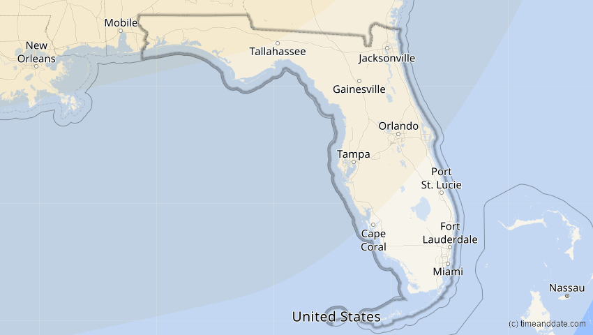A map of Florida, USA, showing the path of the 23. Okt 2014 Partielle Sonnenfinsternis