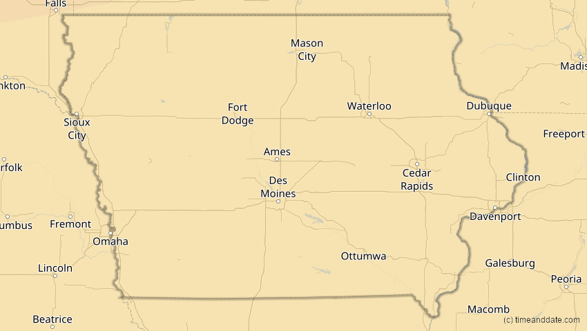 A map of Iowa, USA, showing the path of the 23. Okt 2014 Partielle Sonnenfinsternis