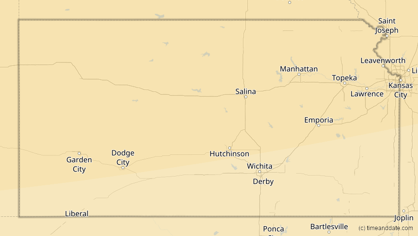 A map of Kansas, USA, showing the path of the 23. Okt 2014 Partielle Sonnenfinsternis