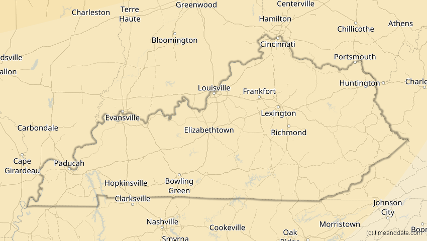 A map of Kentucky, USA, showing the path of the 23. Okt 2014 Partielle Sonnenfinsternis