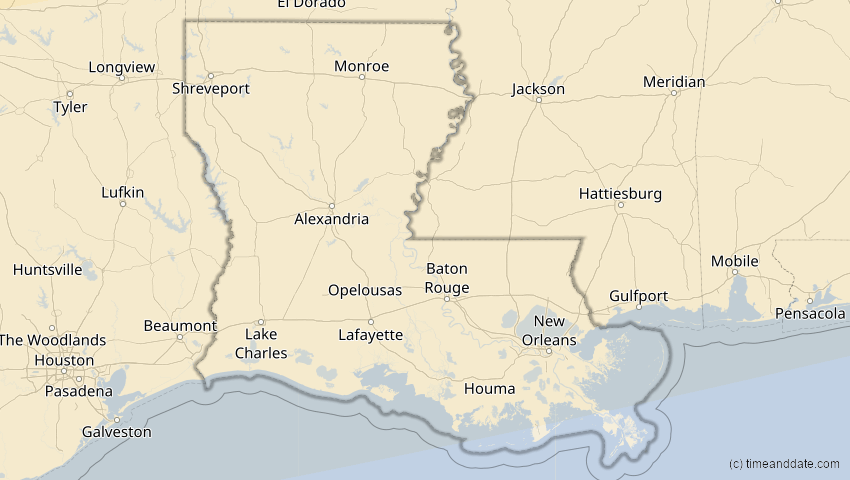 A map of Louisiana, USA, showing the path of the 23. Okt 2014 Partielle Sonnenfinsternis