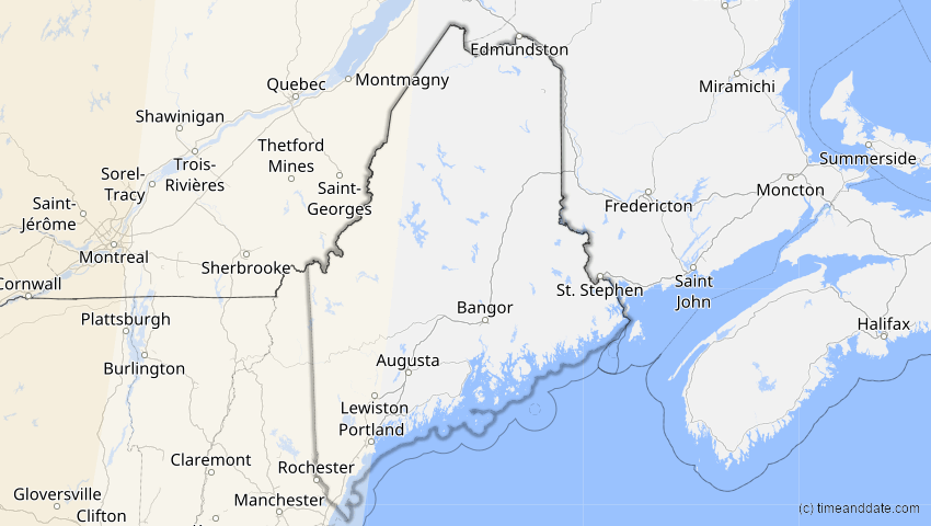 A map of Maine, USA, showing the path of the 23. Okt 2014 Partielle Sonnenfinsternis