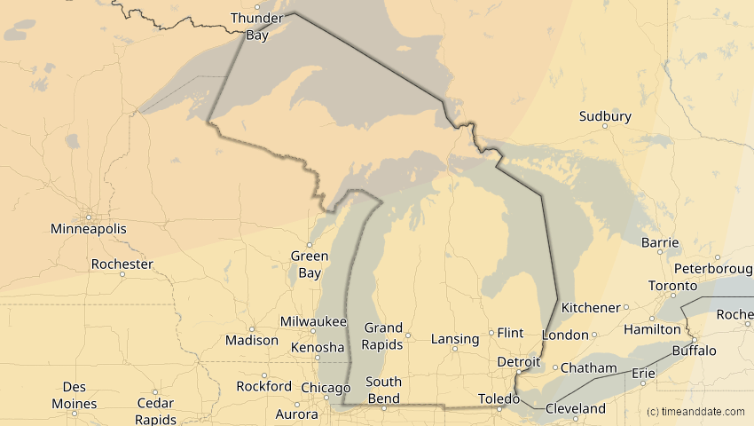 A map of Michigan, USA, showing the path of the 23. Okt 2014 Partielle Sonnenfinsternis