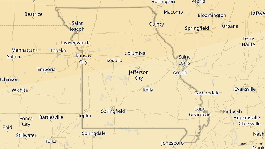 A map of Missouri, USA, showing the path of the 23. Okt 2014 Partielle Sonnenfinsternis