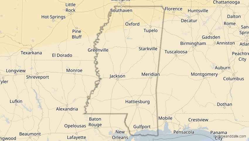 A map of Mississippi, USA, showing the path of the 23. Okt 2014 Partielle Sonnenfinsternis