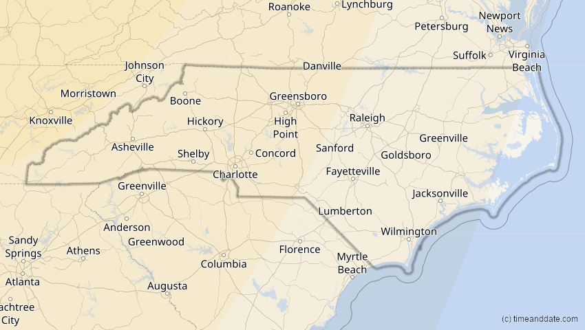 A map of North Carolina, USA, showing the path of the 23. Okt 2014 Partielle Sonnenfinsternis