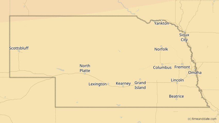 A map of Nebraska, USA, showing the path of the 23. Okt 2014 Partielle Sonnenfinsternis