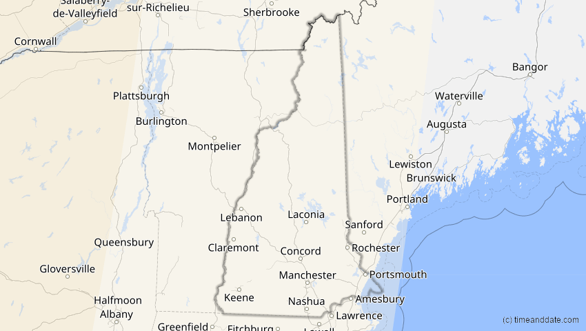 A map of New Hampshire, USA, showing the path of the 23. Okt 2014 Partielle Sonnenfinsternis