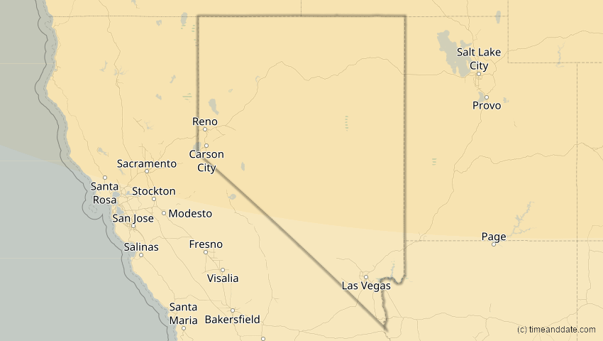 A map of Nevada, USA, showing the path of the 23. Okt 2014 Partielle Sonnenfinsternis