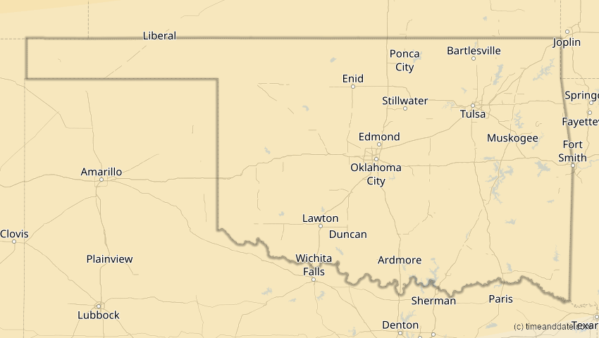 A map of Oklahoma, USA, showing the path of the 23. Okt 2014 Partielle Sonnenfinsternis