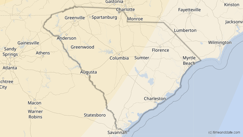 A map of South Carolina, USA, showing the path of the 23. Okt 2014 Partielle Sonnenfinsternis