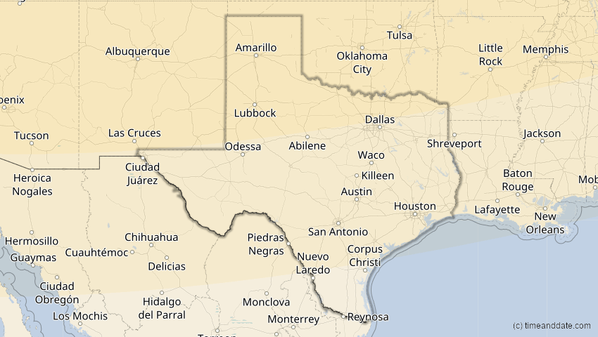 A map of Texas, USA, showing the path of the 23. Okt 2014 Partielle Sonnenfinsternis