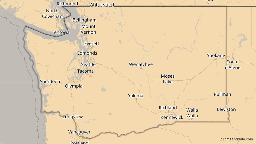 A map of Washington, USA, showing the path of the 23. Okt 2014 Partielle Sonnenfinsternis