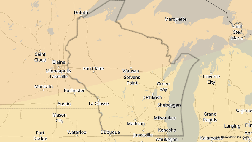 A map of Wisconsin, USA, showing the path of the 23. Okt 2014 Partielle Sonnenfinsternis