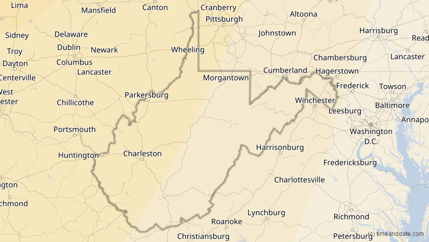 A map of West Virginia, USA, showing the path of the 23. Okt 2014 Partielle Sonnenfinsternis