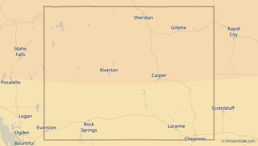 A map of Wyoming, USA, showing the path of the 23. Okt 2014 Partielle Sonnenfinsternis