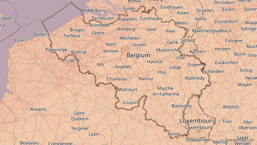 A map of Belgien, showing the path of the 20. Mär 2015 Totale Sonnenfinsternis