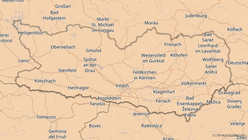 A map of Kärnten, Österreich, showing the path of the 20. Mär 2015 Totale Sonnenfinsternis