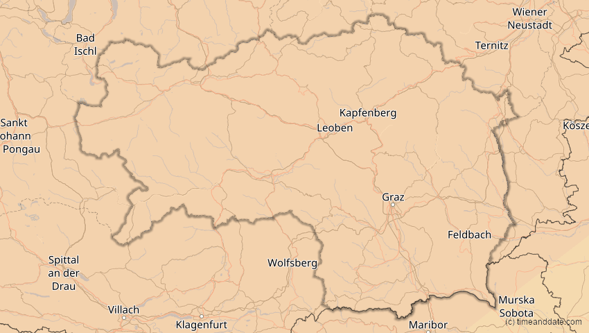 A map of Steiermark, Österreich, showing the path of the 20. Mär 2015 Totale Sonnenfinsternis