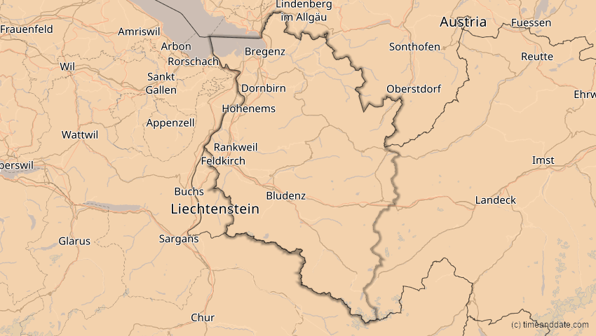 A map of Vorarlberg, Österreich, showing the path of the 20. Mär 2015 Totale Sonnenfinsternis