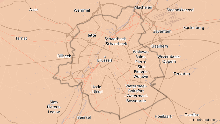 A map of Brüssel, Belgien, showing the path of the 20. Mär 2015 Totale Sonnenfinsternis