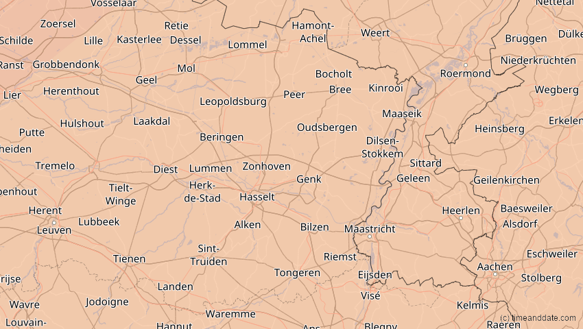 A map of Limburg, Belgien, showing the path of the 20. Mär 2015 Totale Sonnenfinsternis