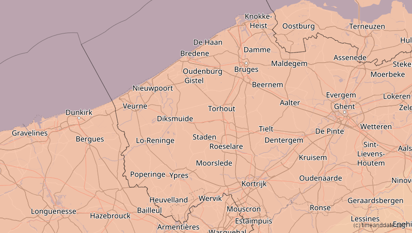 A map of Westflandern, Belgien, showing the path of the 20. Mär 2015 Totale Sonnenfinsternis