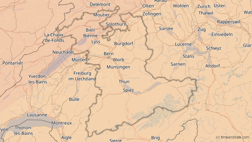 A map of Bern, Schweiz, showing the path of the 20. Mär 2015 Totale Sonnenfinsternis