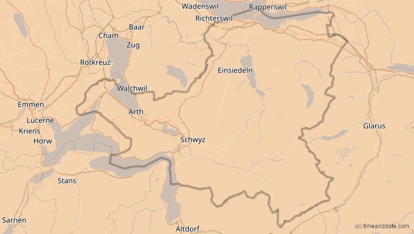 A map of Schwyz, Schweiz, showing the path of the 20. Mär 2015 Totale Sonnenfinsternis