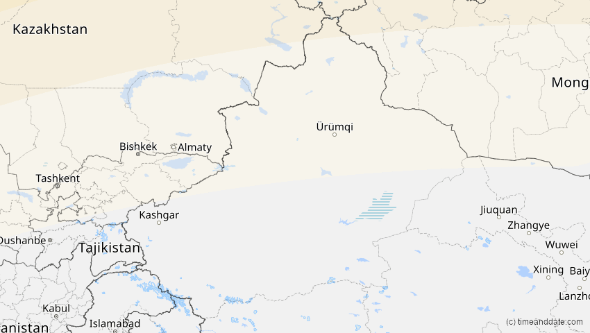 A map of Xinjiang, China, showing the path of the 20. Mär 2015 Totale Sonnenfinsternis