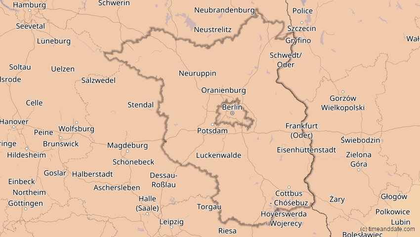 A map of Brandenburg, Deutschland, showing the path of the 20. Mär 2015 Totale Sonnenfinsternis