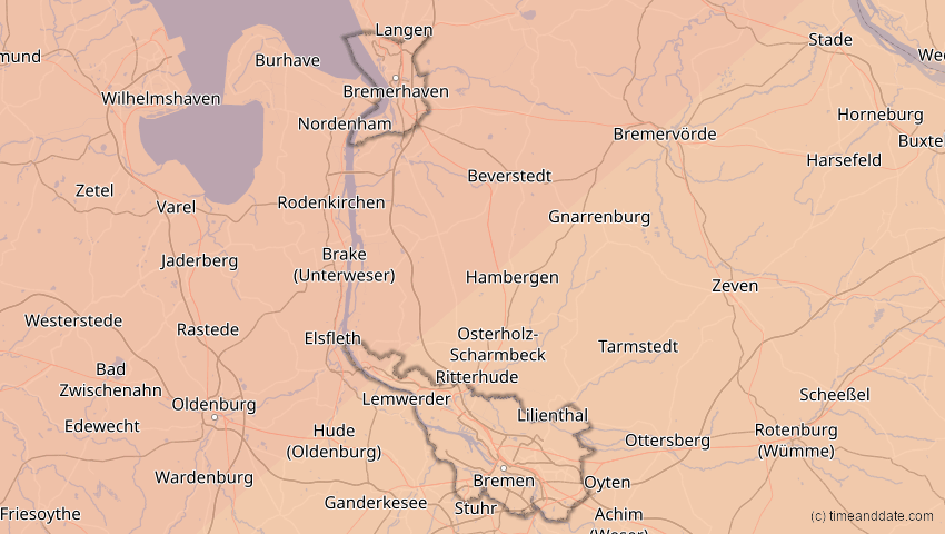 A map of Bremen, Deutschland, showing the path of the 20. Mär 2015 Totale Sonnenfinsternis