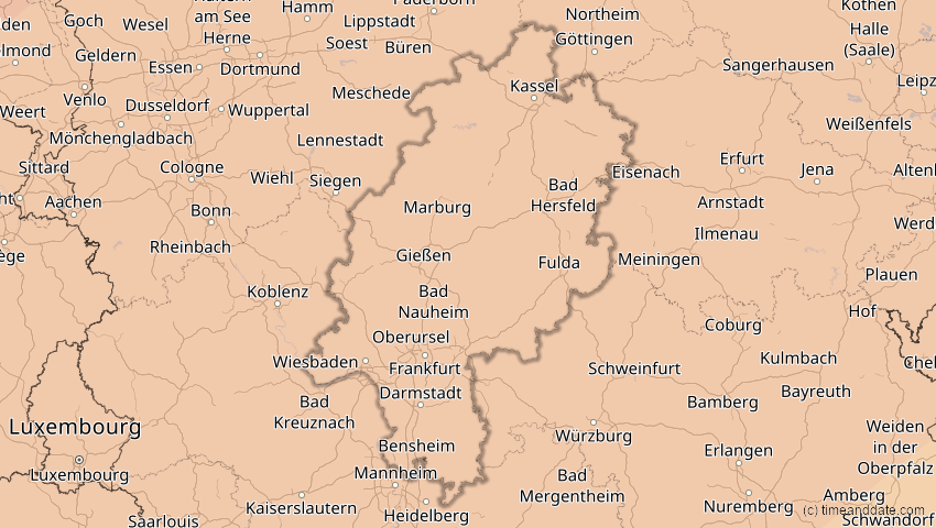 A map of Hessen, Deutschland, showing the path of the 20. Mär 2015 Totale Sonnenfinsternis