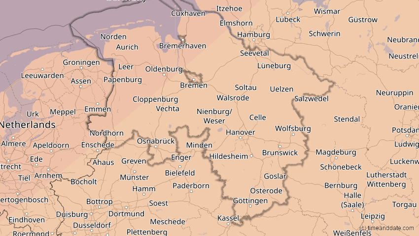 A map of Niedersachsen, Deutschland, showing the path of the 20. Mär 2015 Totale Sonnenfinsternis