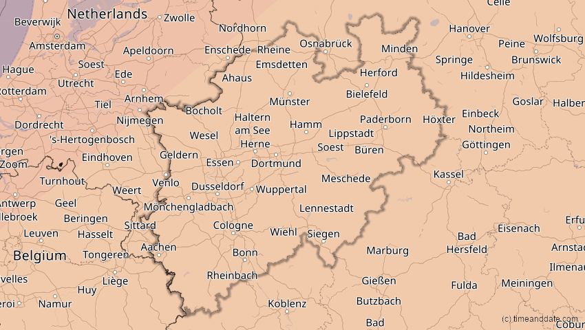 A map of Nordrhein-Westfalen, Deutschland, showing the path of the 20. Mär 2015 Totale Sonnenfinsternis